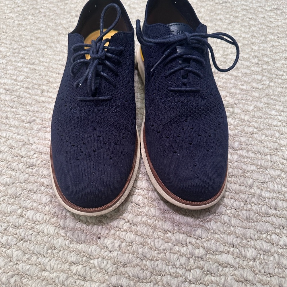 Cole Haan Navy Knit Lace-Up Sneakers with Brown Trim